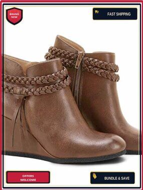 Faux Suede Wedge Ankle Booties Braided Fringe Western Heeled Shoes Side Zip
